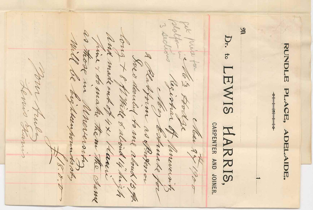 Lewis Harris - Carpenter and Joiner - Adelaide - Tenders for music stands hat rails umbrella stands and platform for Concert Room