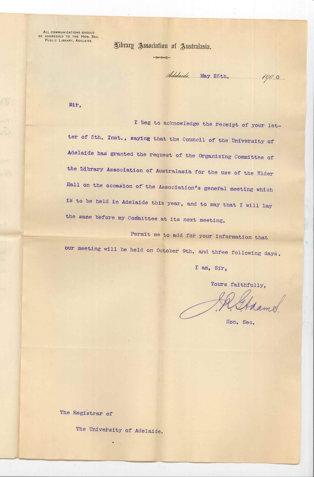 Joseph Robert George Adams - Hon Secretary Library Association of Australia - Use of Elder Hall for Associations General Meeting