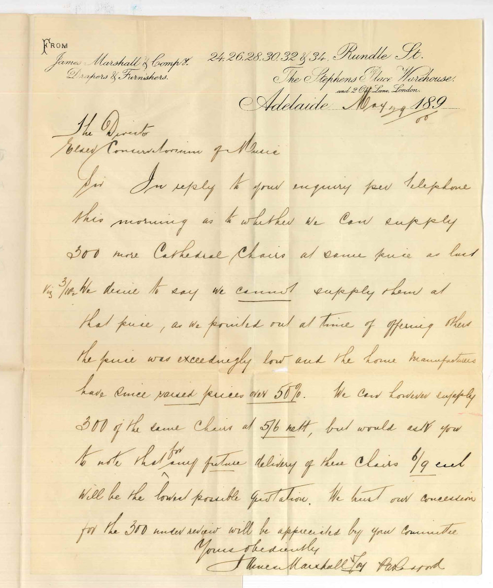 James Marshall and Company - Adelaide - Quotation for 300 cathedral chairs