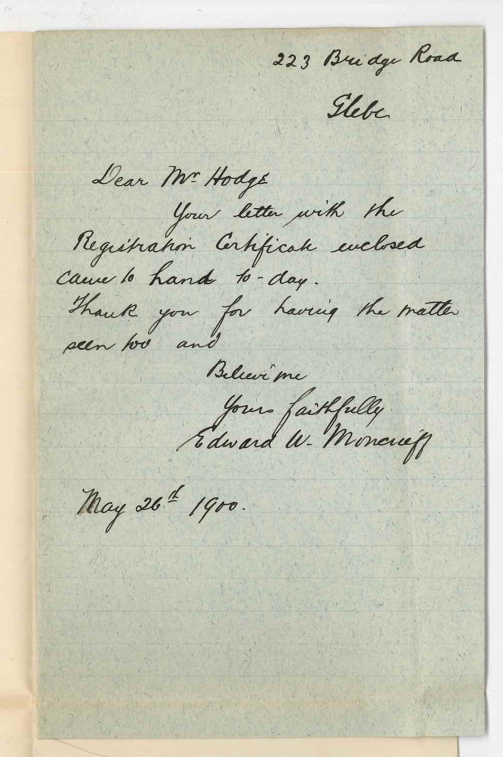 Edward W Moncrieff - Glebe NSW - Acknowledging receipt of Registration Certificate