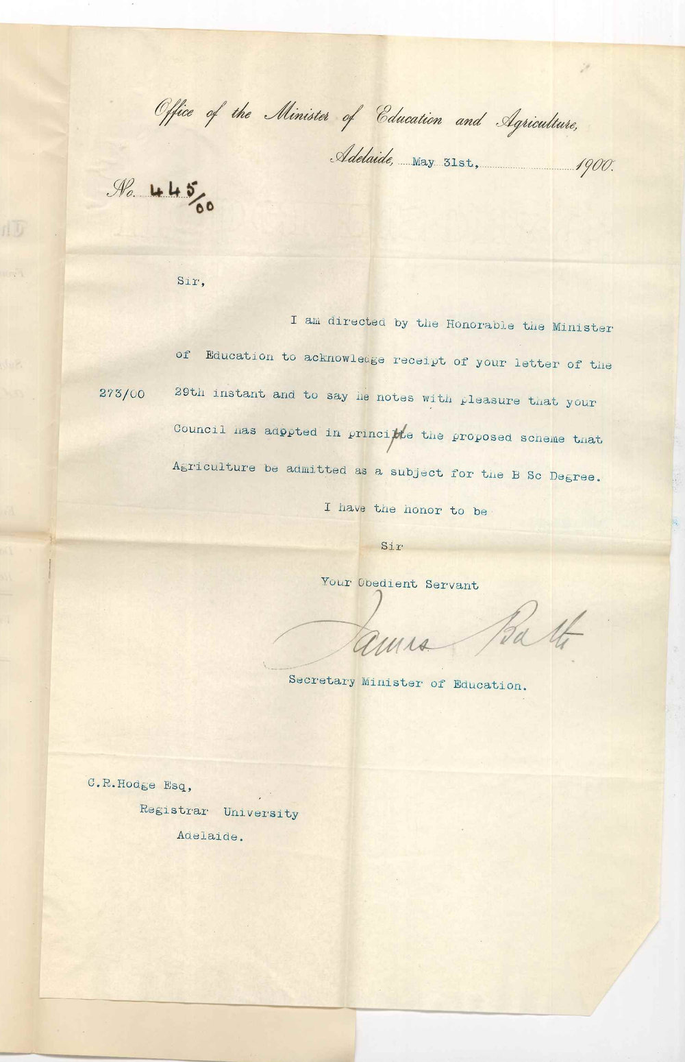 James Bath - Secretary - Minister of Education and Agriculture - Adelaide - Admission of Agriculture as a subject of BSc Course