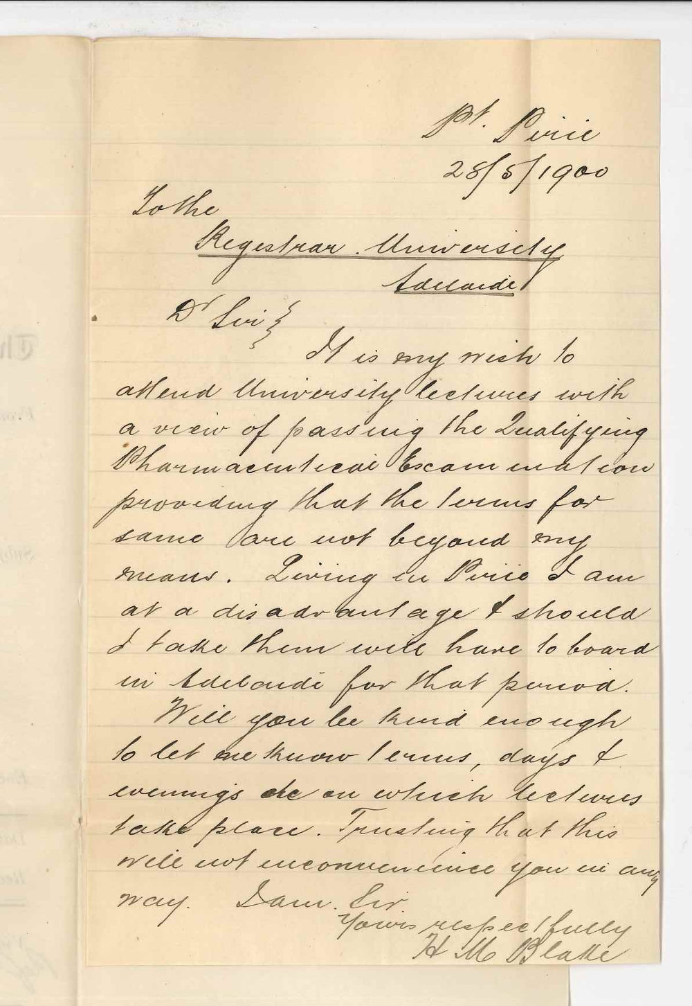 H M Blake - Port Pirie - Fees and terms of lectures