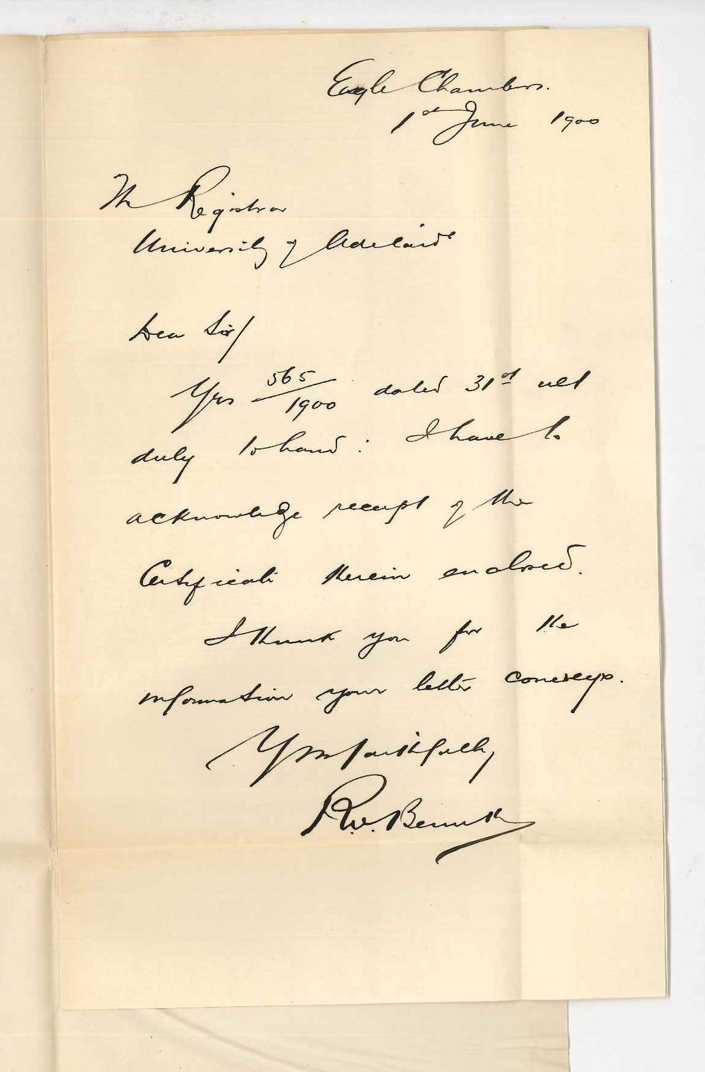 Richard William Bennett - Adelaide - Acknowledging receipt of Certificate