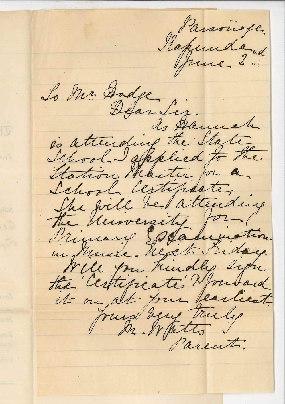 Mrs M W Watts - Kapunda - Forwarding Railway Certificate for Registrars Signature