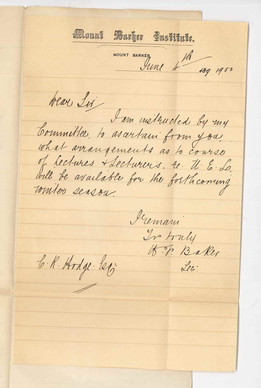 H F Baker - Mount Barker Institute - Extension Lectures for Mount Barker