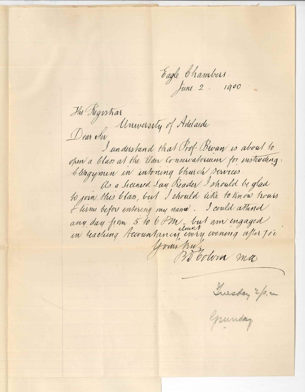 Bazett David Colvin M A - Adelaide - Concerning Clergy Class at Conservatorium