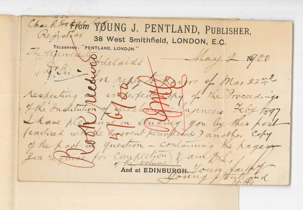 Young J Pentland - London - Forwarding copy of Proceedings of the Institution of Mechanical Engineers