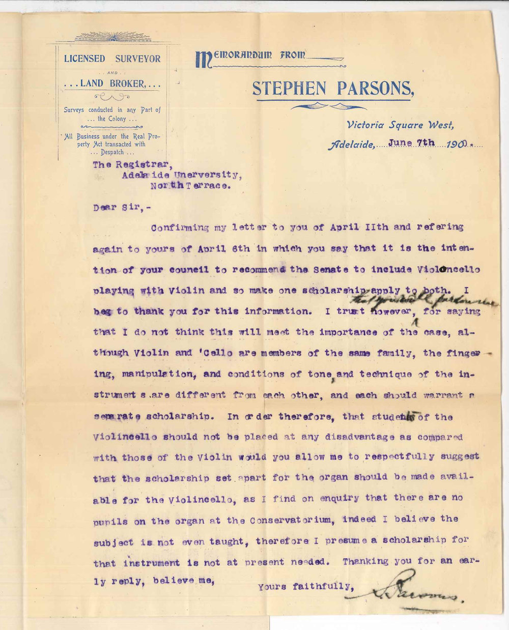 Stephen Parsons - Adelaide - Concerning Scholarship in Violoncello