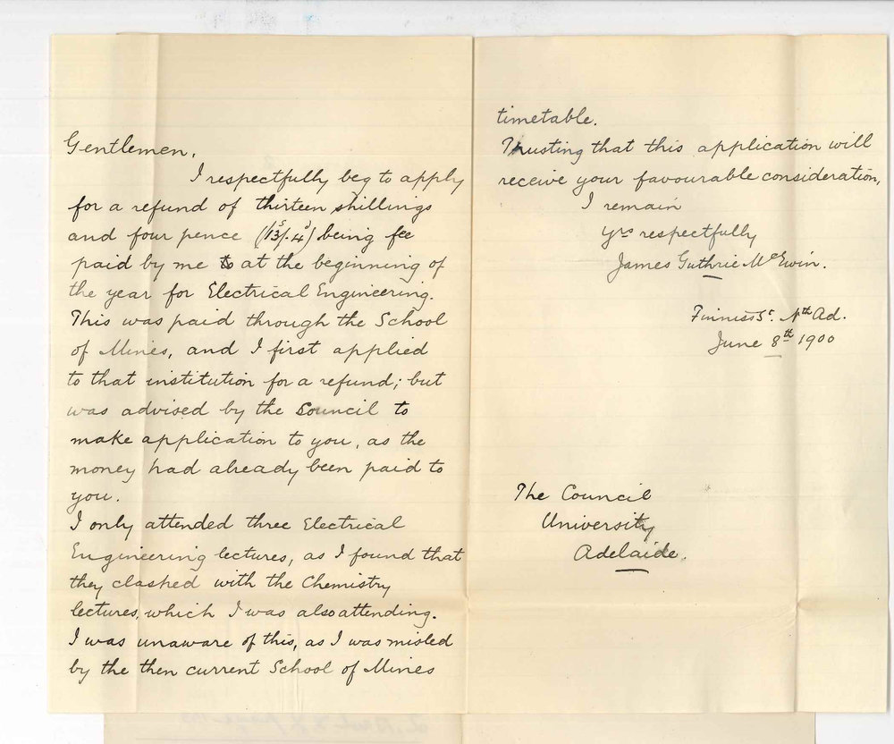 James Guthrie McEwin - North Adelaide - Requesting refund of fee paid for Electric Engineering