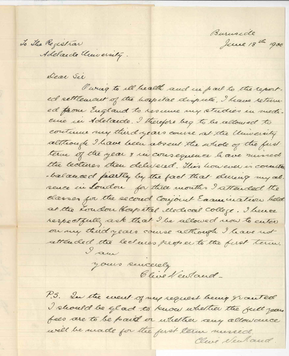 Clive Newland - Burnside - Exemption from attendance at lectures during first term MB Course