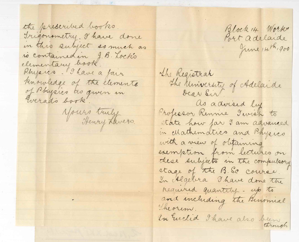 Henry Lavers - Port Adelaide - Concerning BSc Course