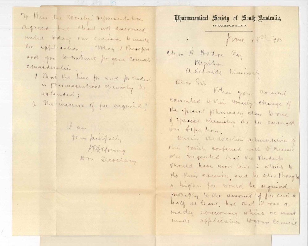 J H Young - Honorary Secretary - Pharmaceutical Society of South Australia - Extension of times in Pharmaceutical Chemistry and concerning fees