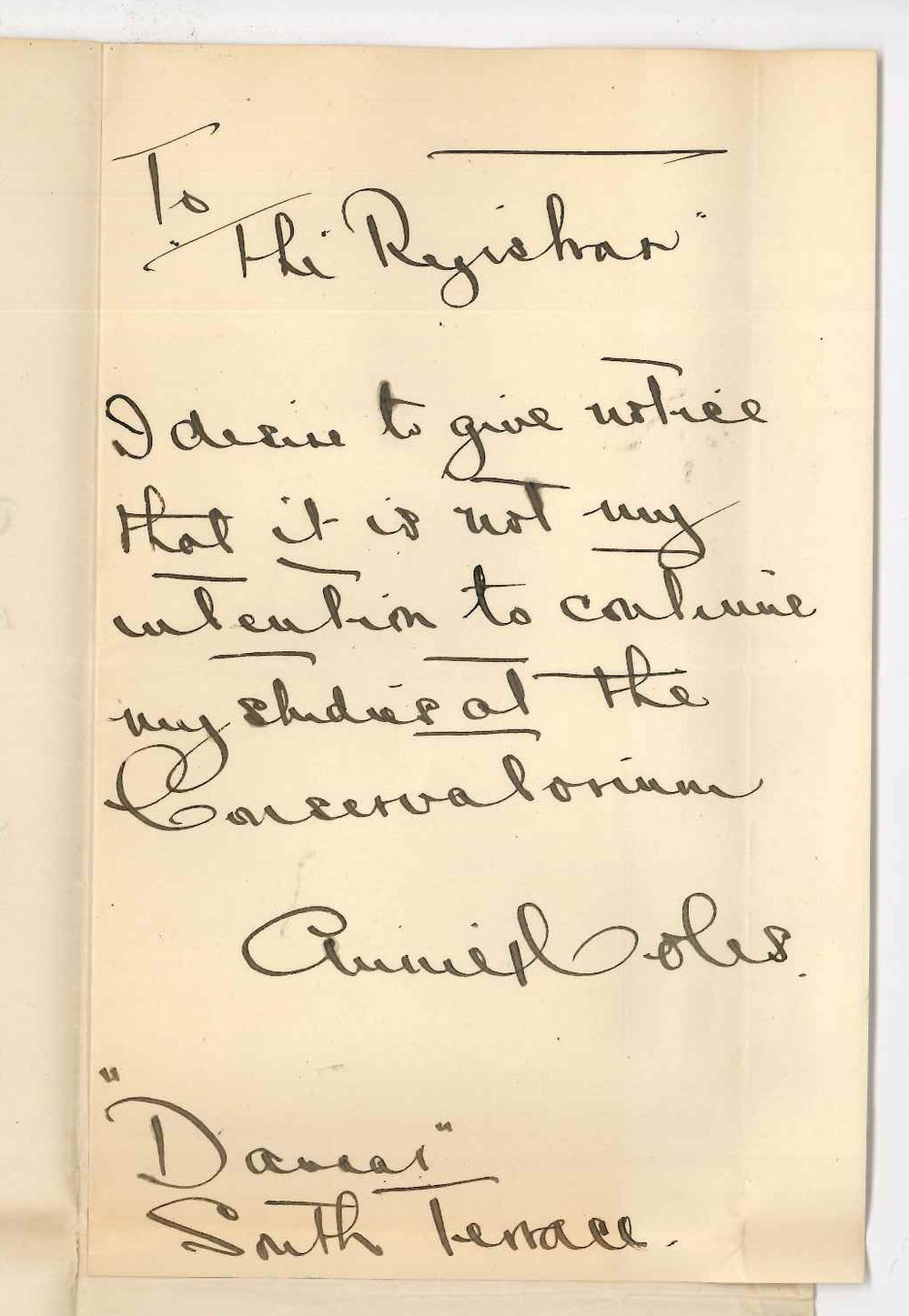 Miss A Coles - Adelaide - Discontinuing lessons at the Conservatorium