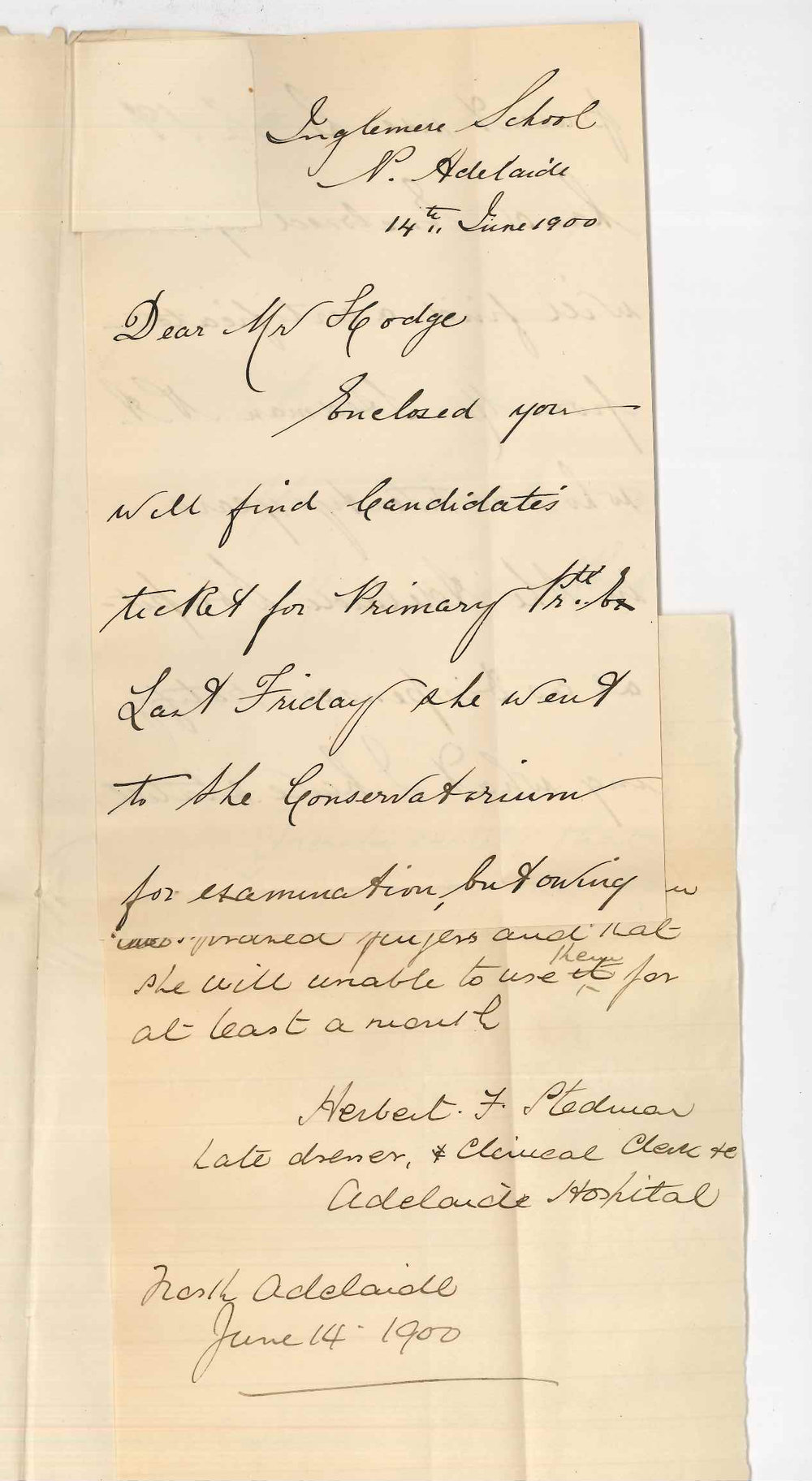 Miss M G Leask - North Adelaide - Candidate Miss Effie Tolmer unable to attend Primary Examination