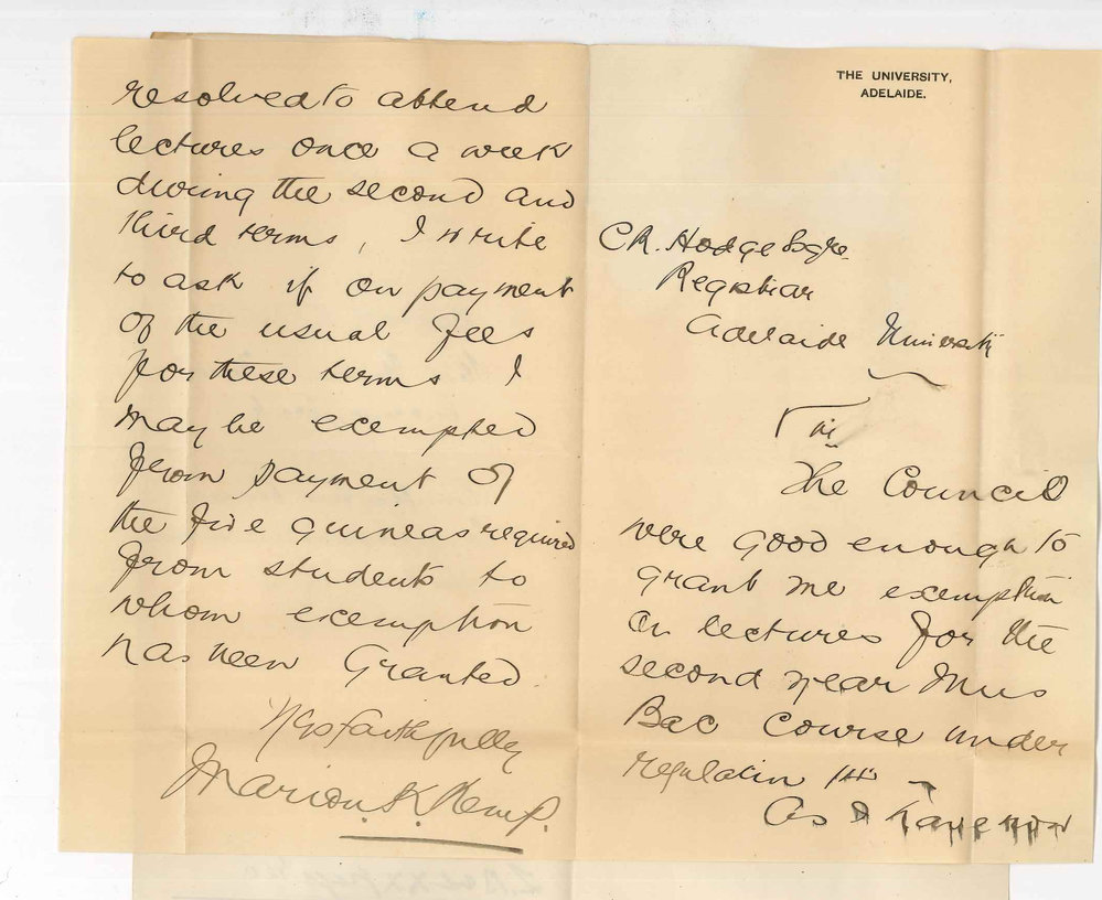 Miss Marion K Kemp - Currency Creek - Exemption from payment of &pound;5-5-0 required from students exempted from lectures