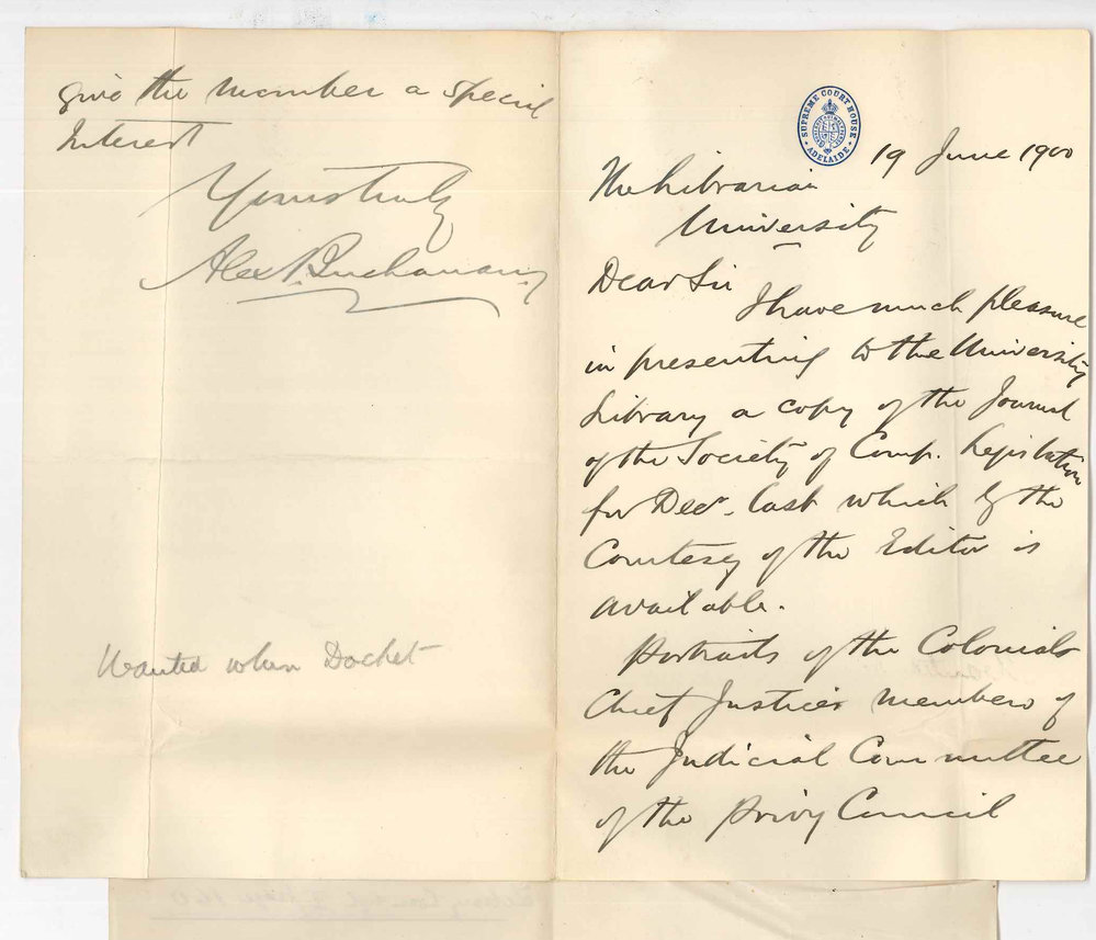 Alex Buchanan - Supreme Court - Presenting copy of Journal of Society of Comp Legislation to University