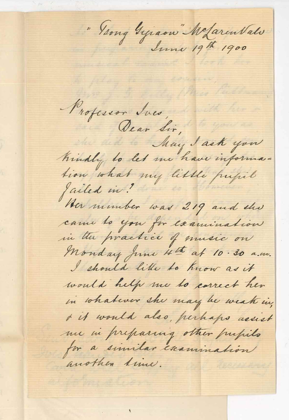 Miss A H Loessel - McLaren Vale - Particulars failure of pupil at Primary Examination Practice