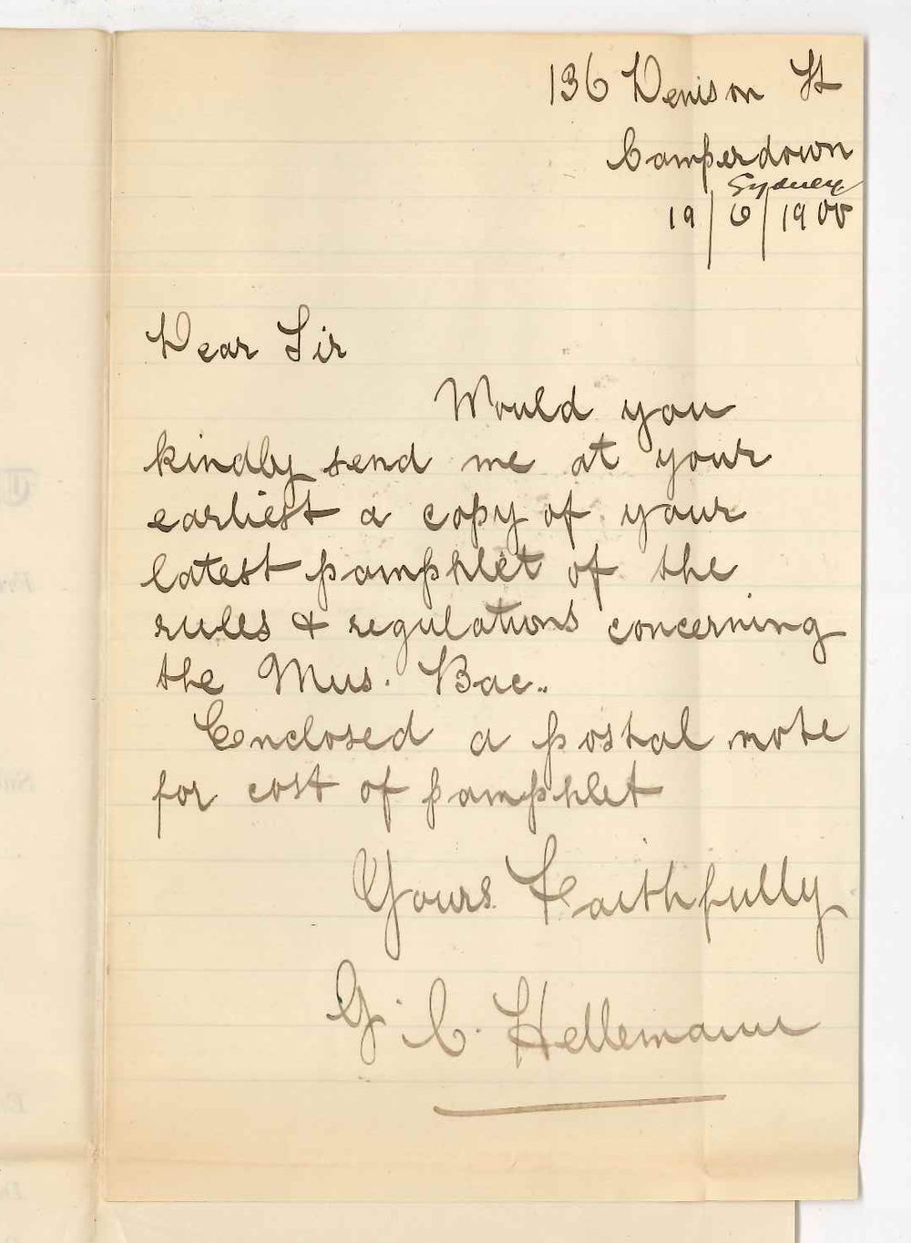 G C Hellemann - Camperdown  Sydney - Requesting music pamphlet