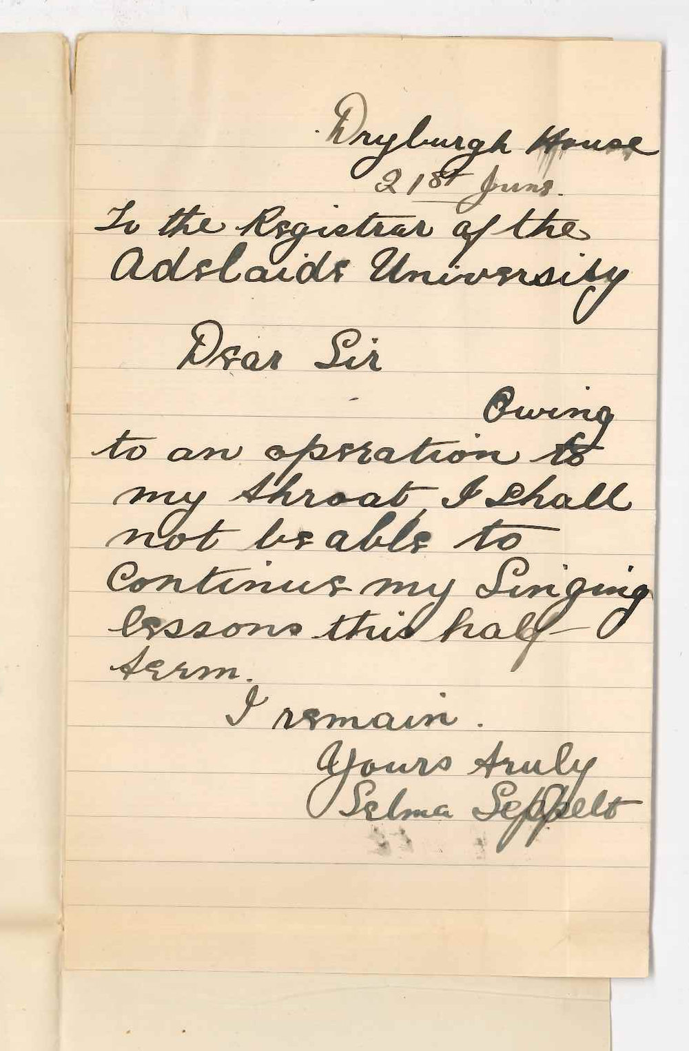 Miss Selma Seppelt - Dryburgh House - Discontinuing lessons at the Conservatorium