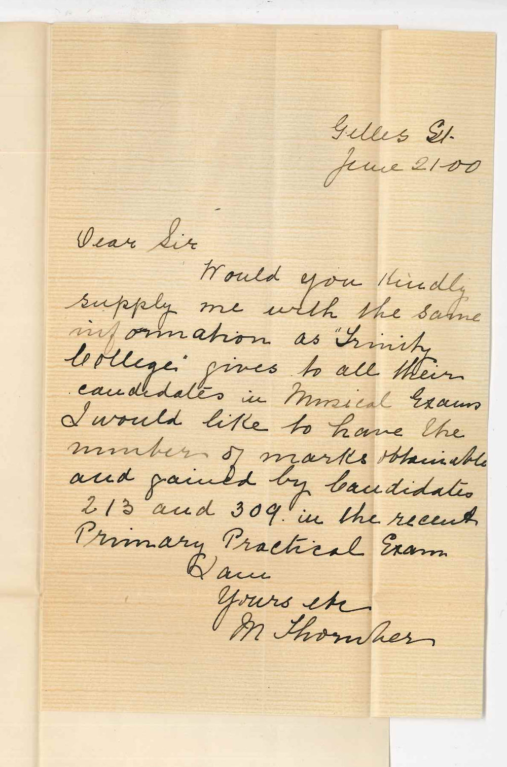 Mrs Thomber - Gilles Street Adelaide - Requesting number of marks obtained by candidates