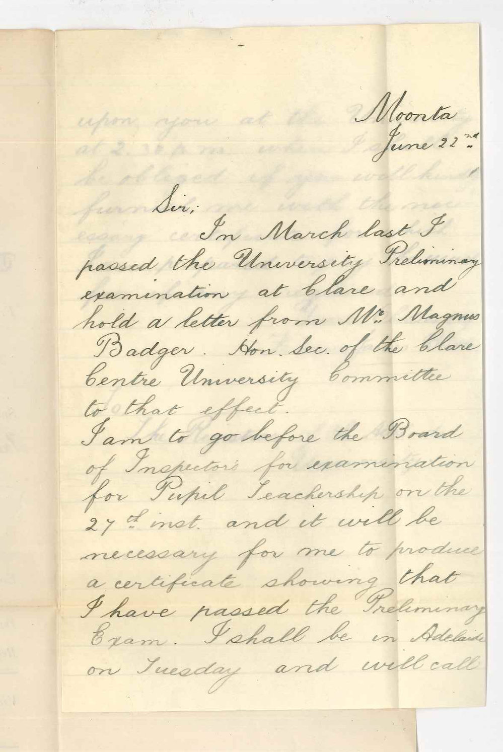 Francis James Butler - Moonta - Requesting certificate Preliminary Examination