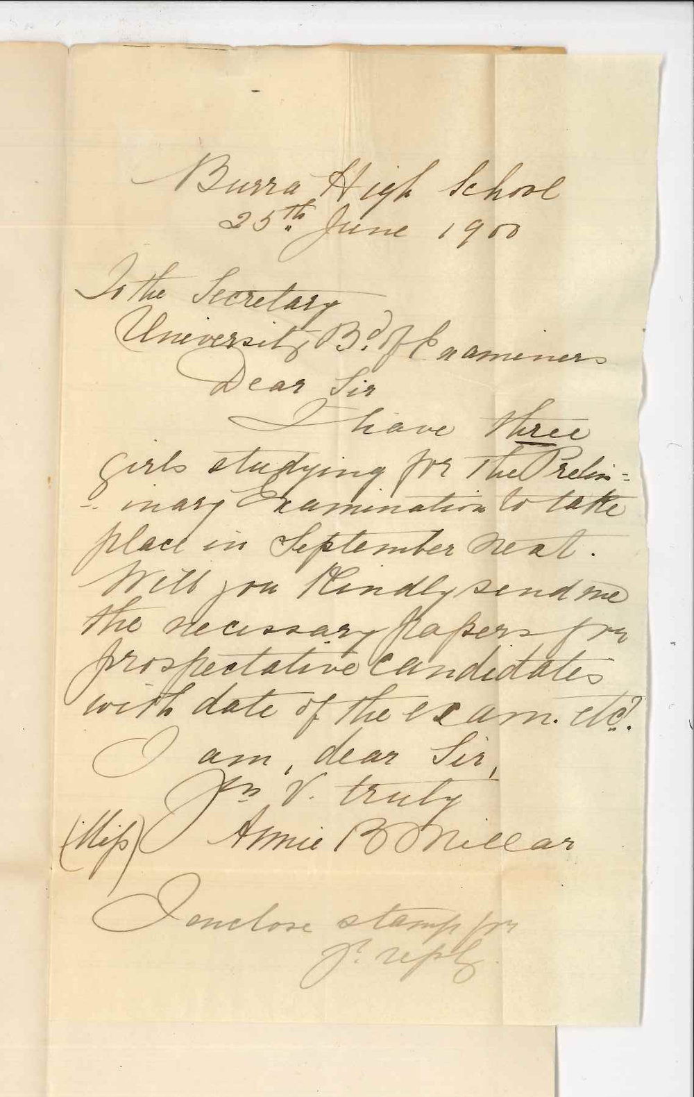 Miss Annie M Millar - Burra High School - Requesting information Preliminary Examination