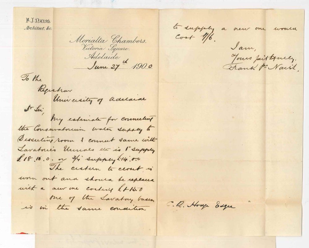 Frank John Naish - Adelaide - Cost of water supply to dissection room