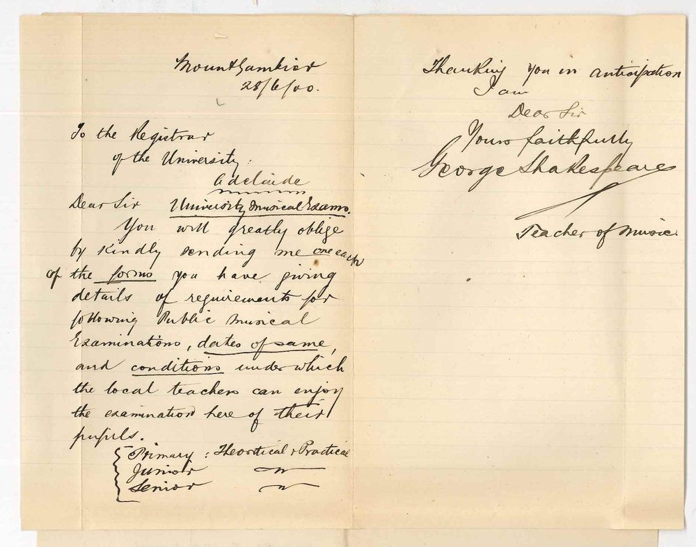George Shakespeare - Mount Gambier - Information concerning Music Examination