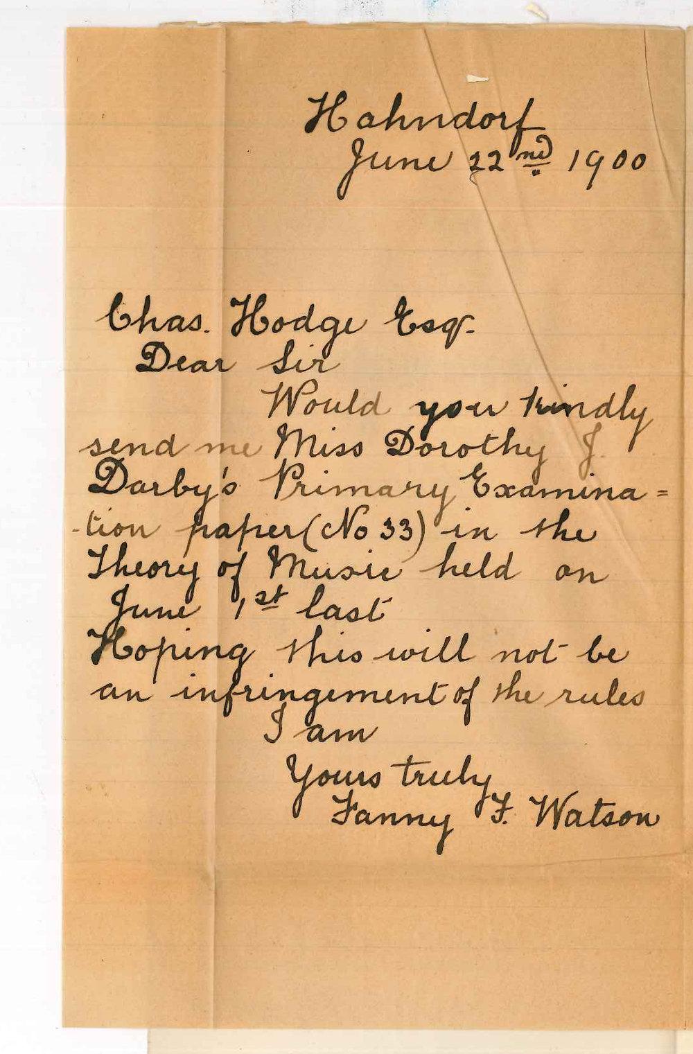 Miss Fanny F Watson - Hahndorf - Requesting Miss D J Darbys Theory Exam Paper