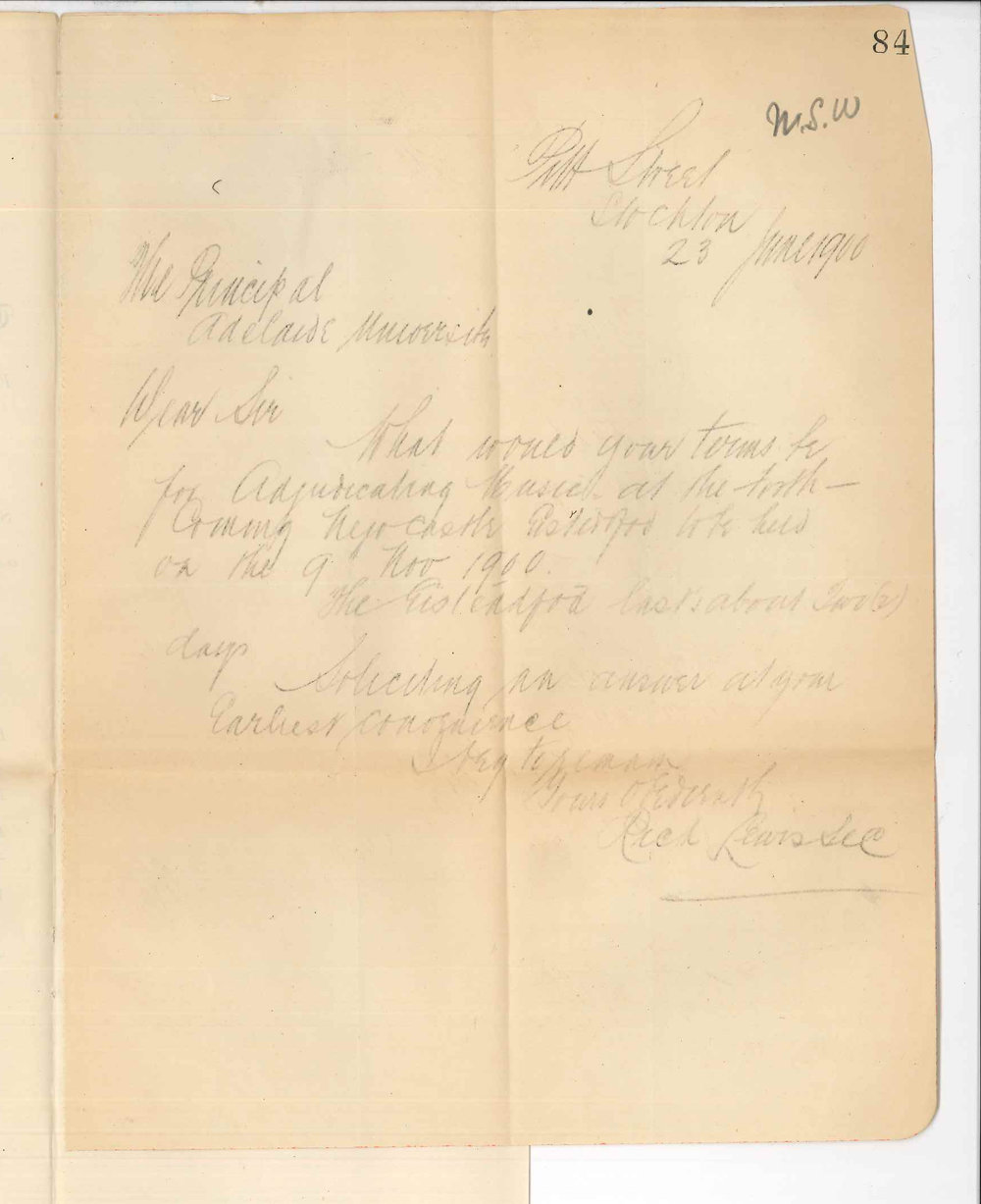 R Lewis - Secretary - Newcastle Eisteddfod - Stockton NSW - Terms for Adjudicating Music at Newcastle Eisteddfod