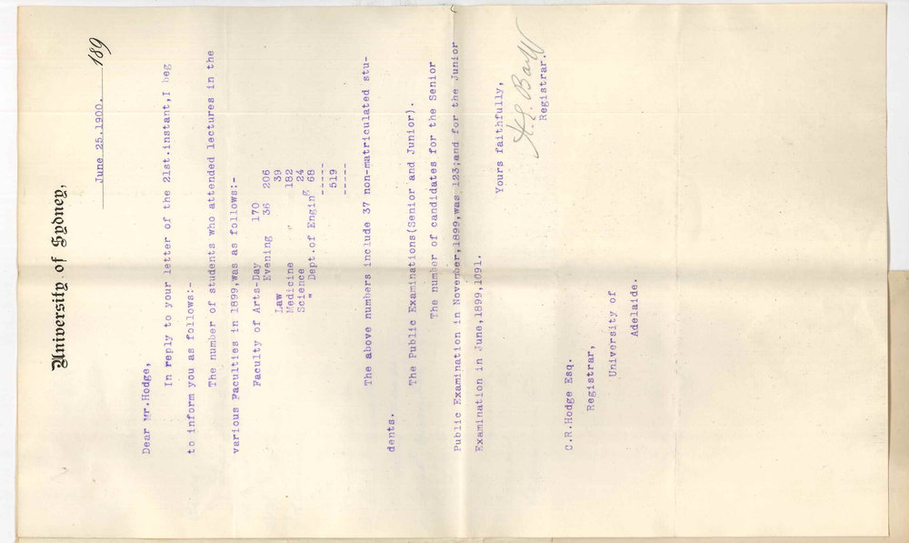 Henry Ebenezer Barff  - Registrar - University of Sydney - John F C James - Assistant Registrar University of Melbourne - Number of Undergraduate students etc