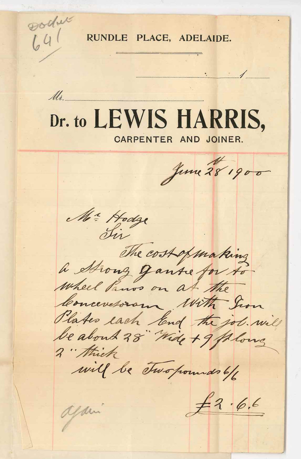 Lewis Harris - Adelaide - Tender for truck for moving pianos