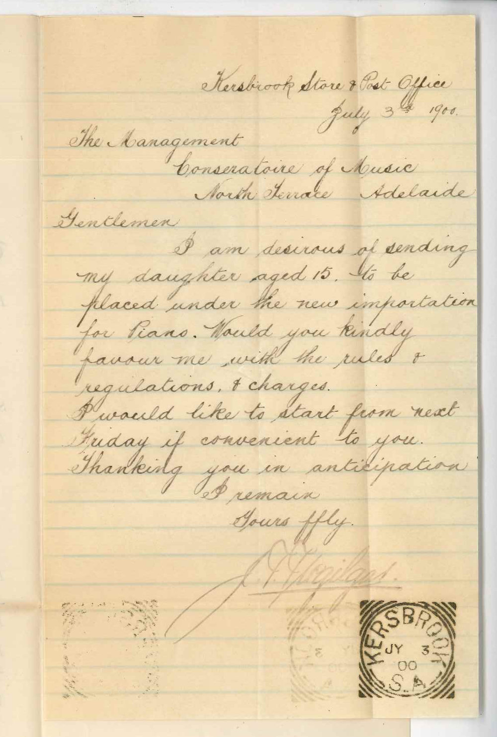 J T Tregilgas - Kersbrook - Information concerning Conservatorium