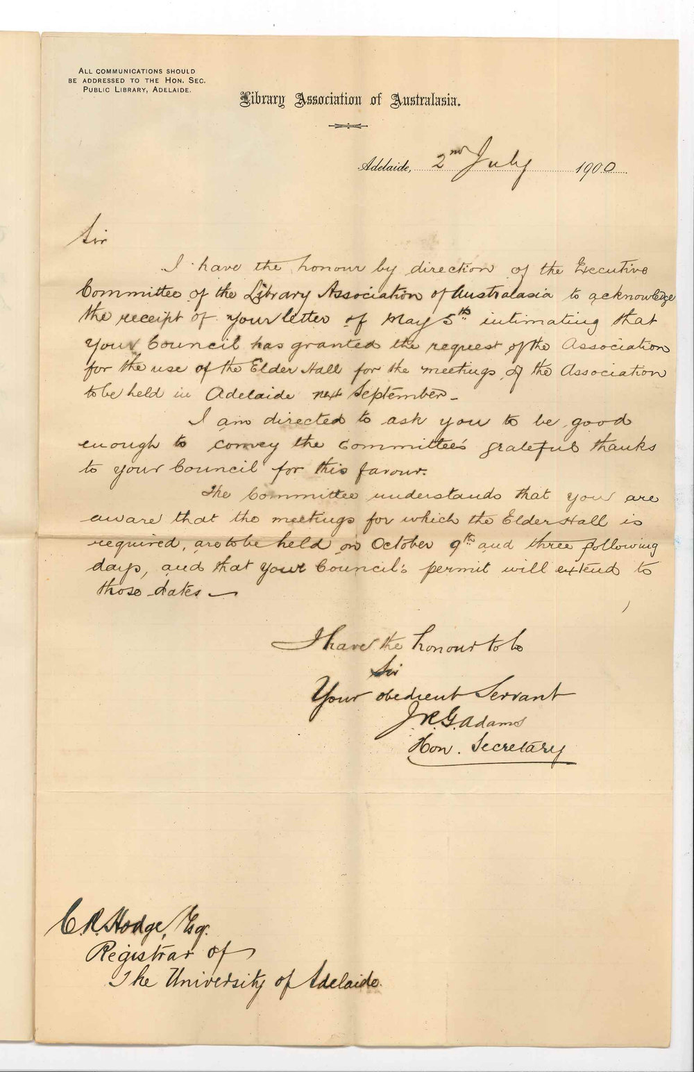 Joseph Robert George Adams - Honorary Secretary Library Association of Australasia - Thanking Council for use of Elder Hall