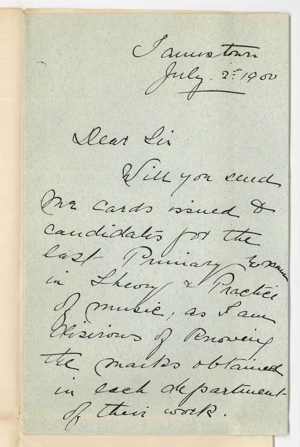 Miss E M Hill - Jamestown - Requesting candidates cards of marks