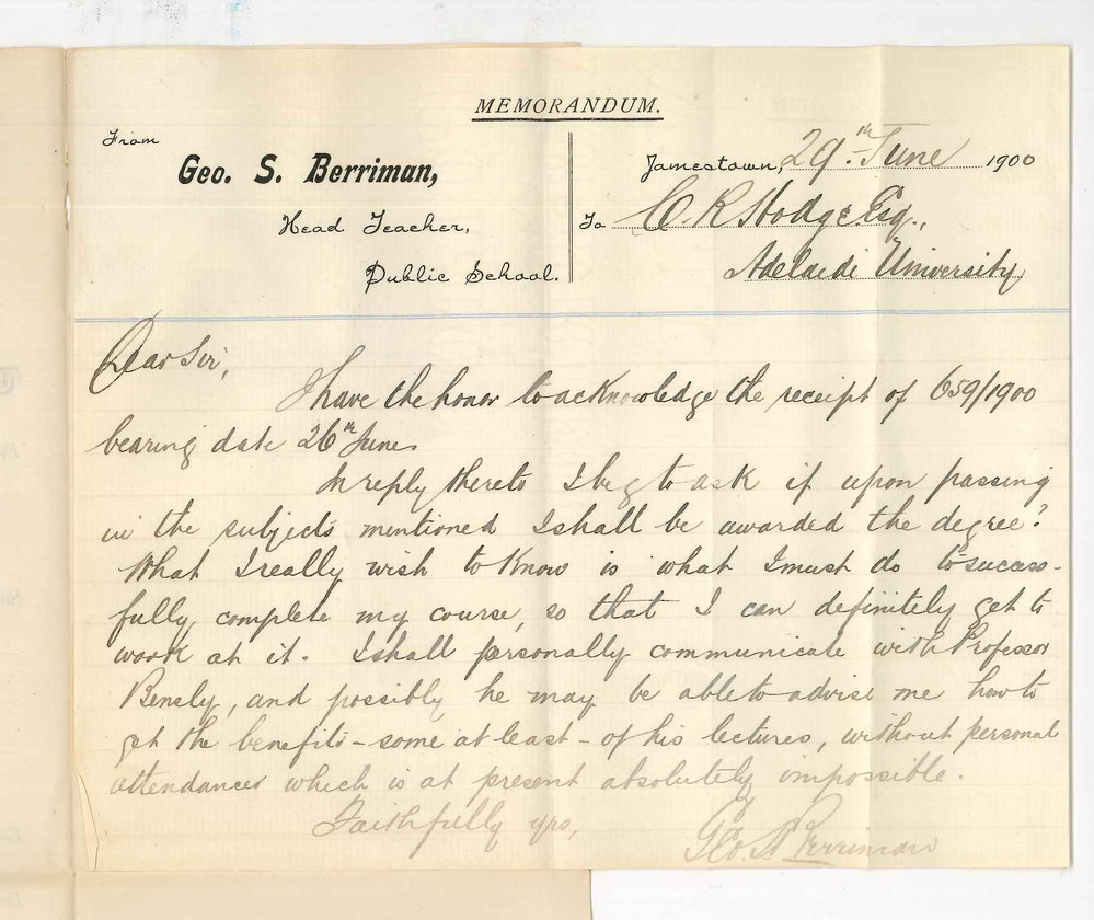 George S Berriman - Public School Jamestown - Concerning BA Course