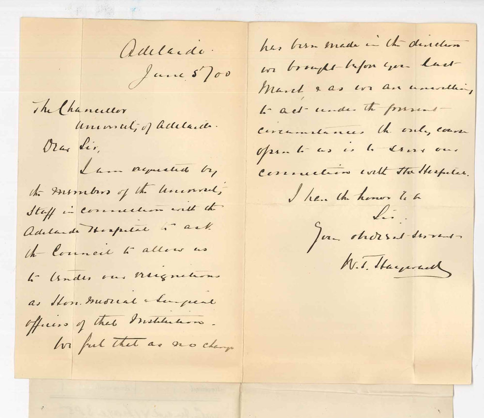 Dr W T Hayward - Adelaide - Handing in resignation of Honorary Hospital Staff