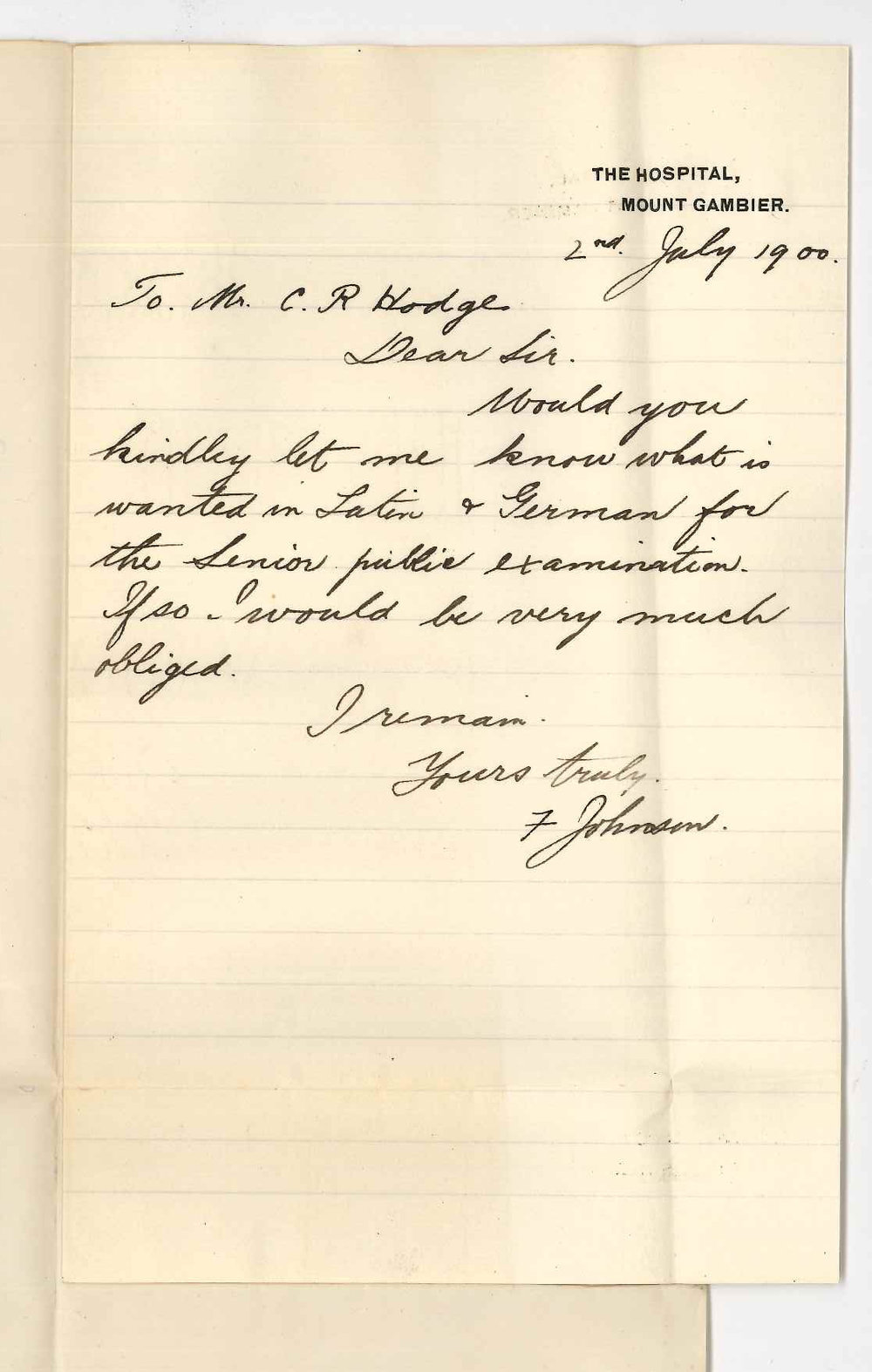 F Johnson - Hospital - Mount Gambier - Information concerning Senior Public Examination