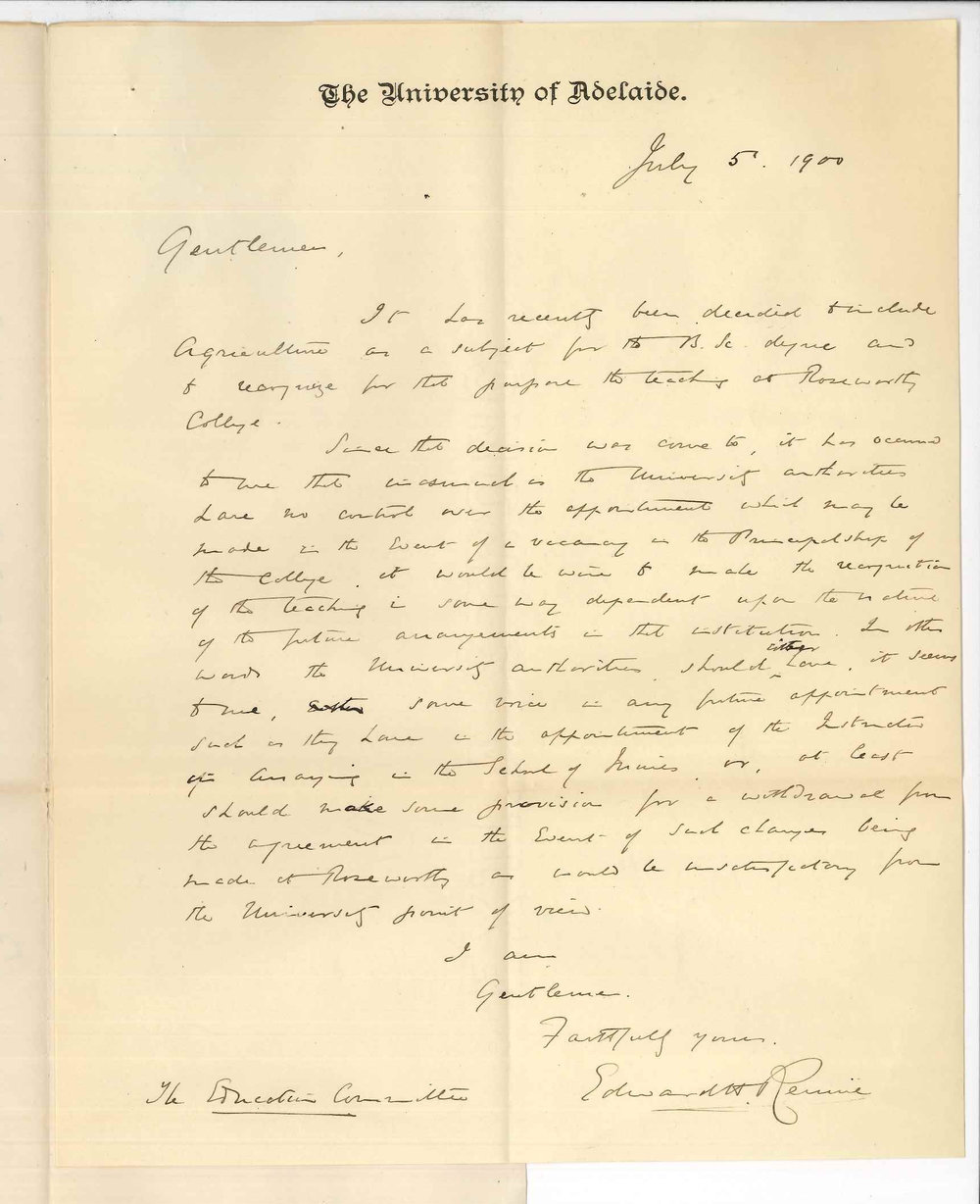 Professor Edward Henry Rennie - University - Concerning inclusion of Agriculture in BSc Course