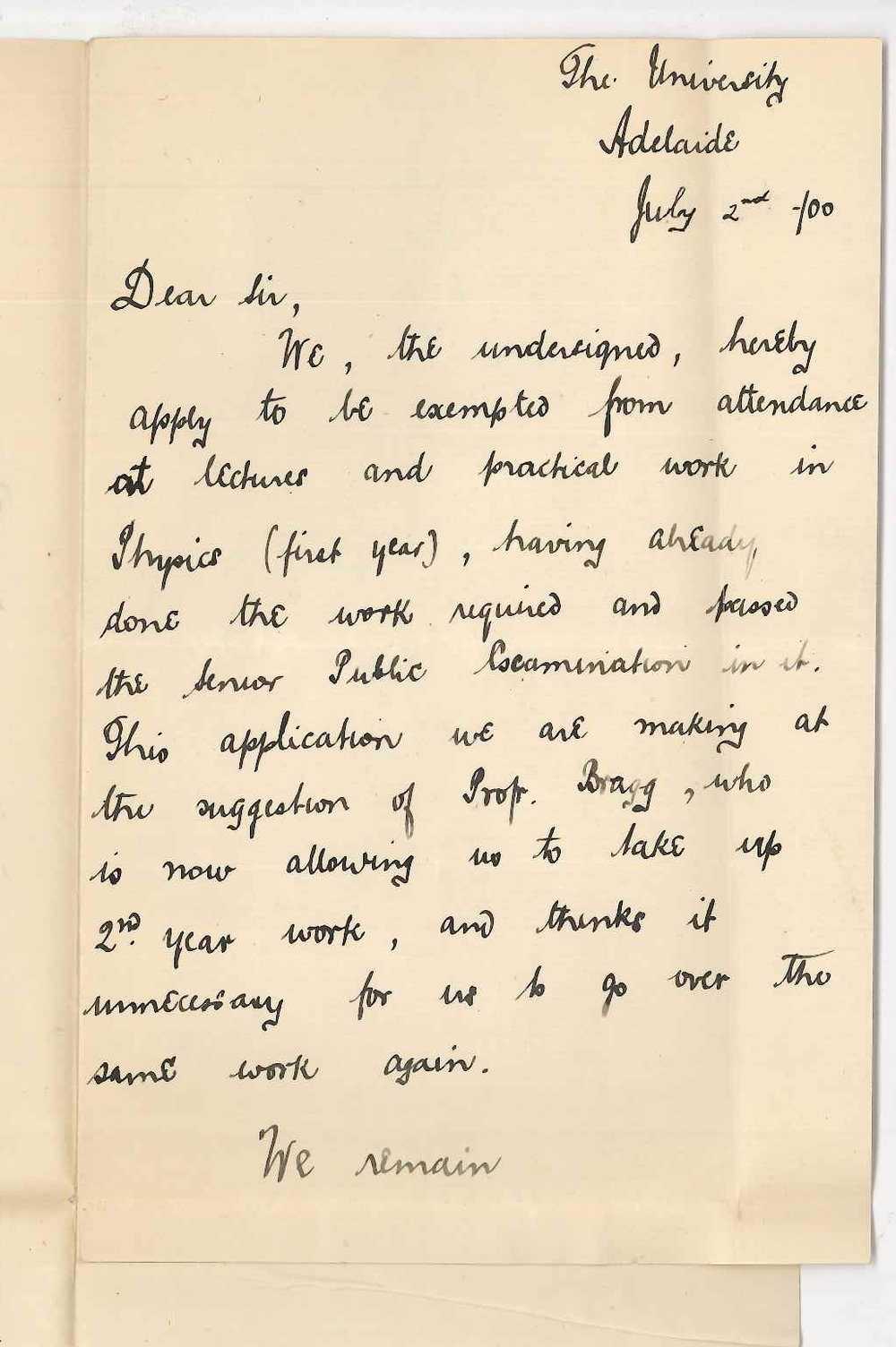 A E Paton - A Greenlees - A R Taylor - W Magarey - Science Student - The University - Exemption from first year Physics