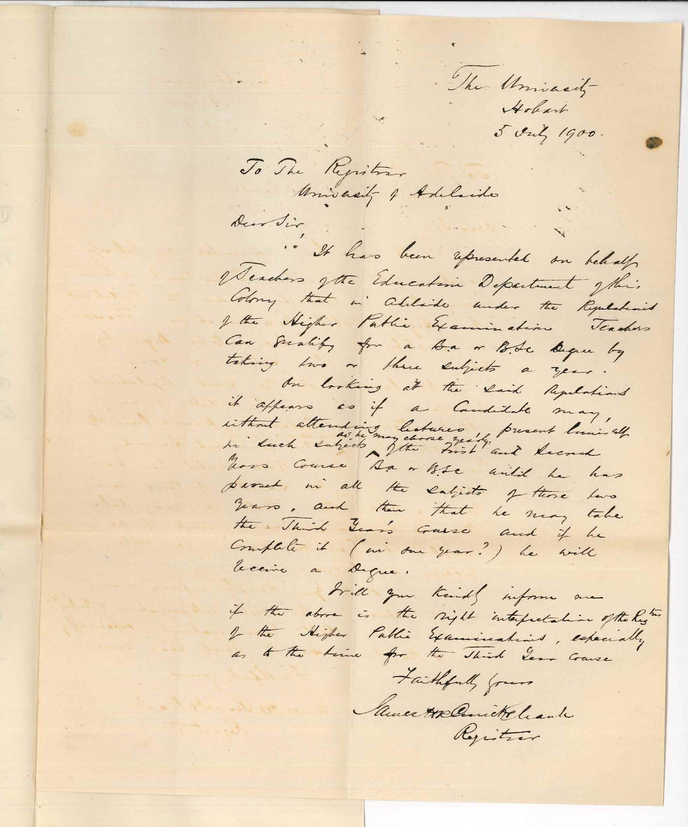 James H R Cruickshank - Registrar - University of Tasmania - Hobart - Requesting information concerning Higher Public Examination