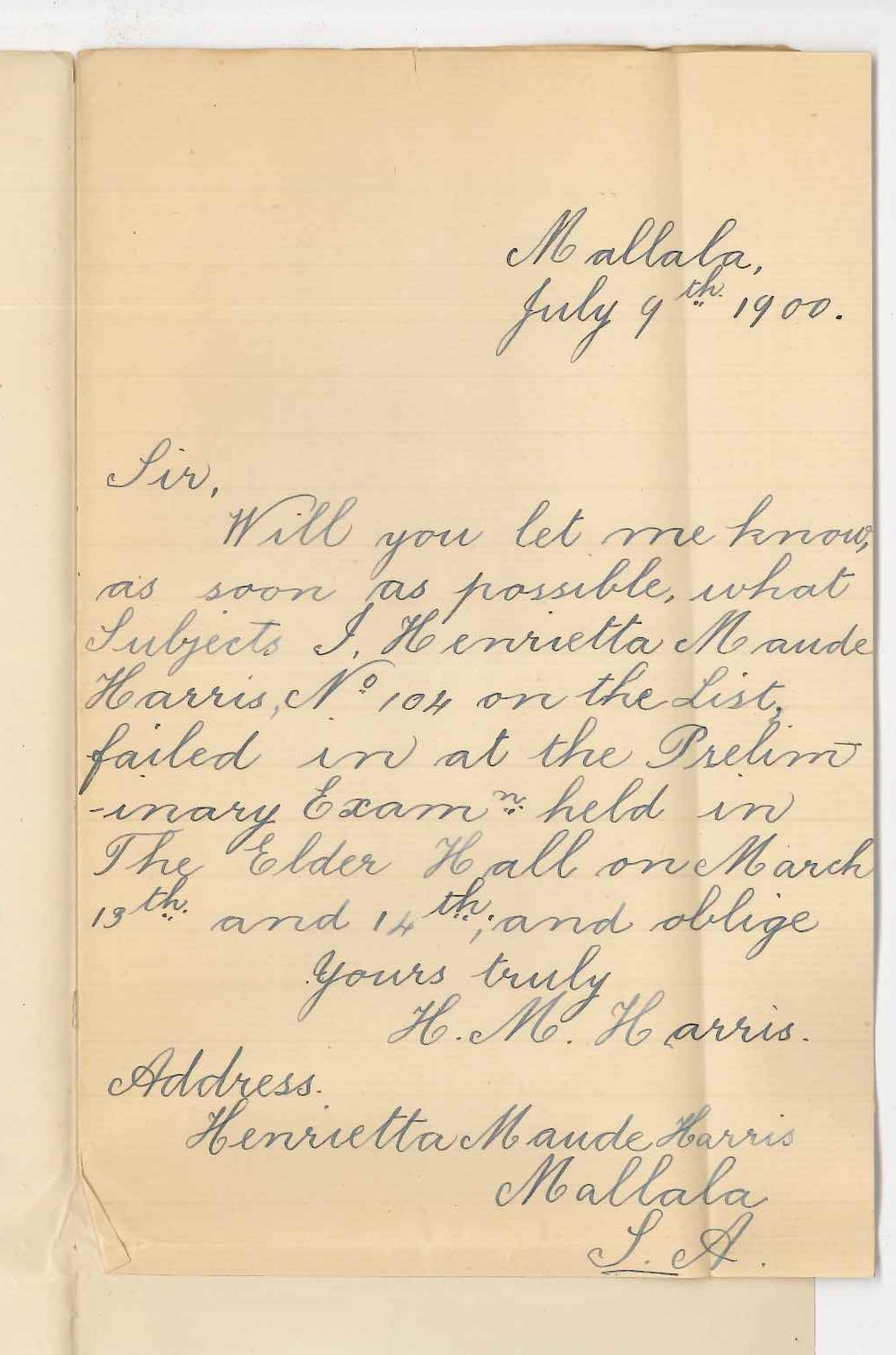 Miss H M Harris - Mallala - Subjects failed Preliminary Examination