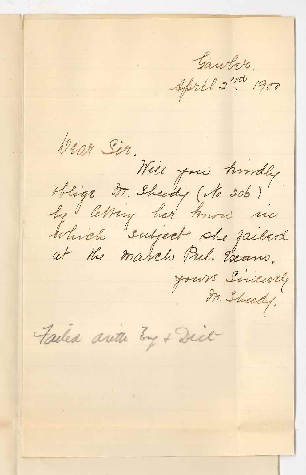 Miss Sheedy - Gawler - Subjects she failed at the Preliminary Examination