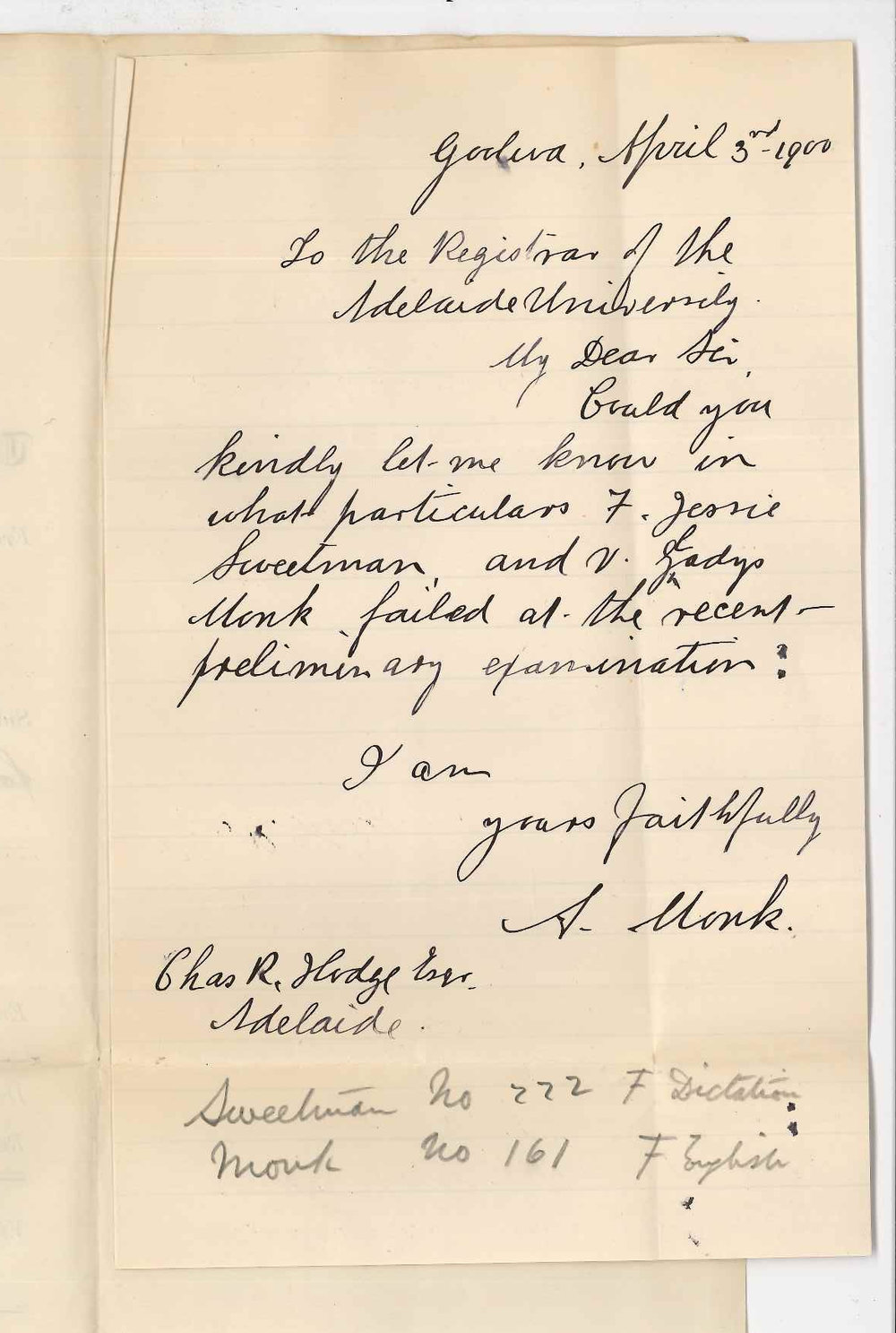 A Monk - Goolwa - Subjects Florence Jessie Sweetman and Verona Gladys Monk failed in Preliminary Examination