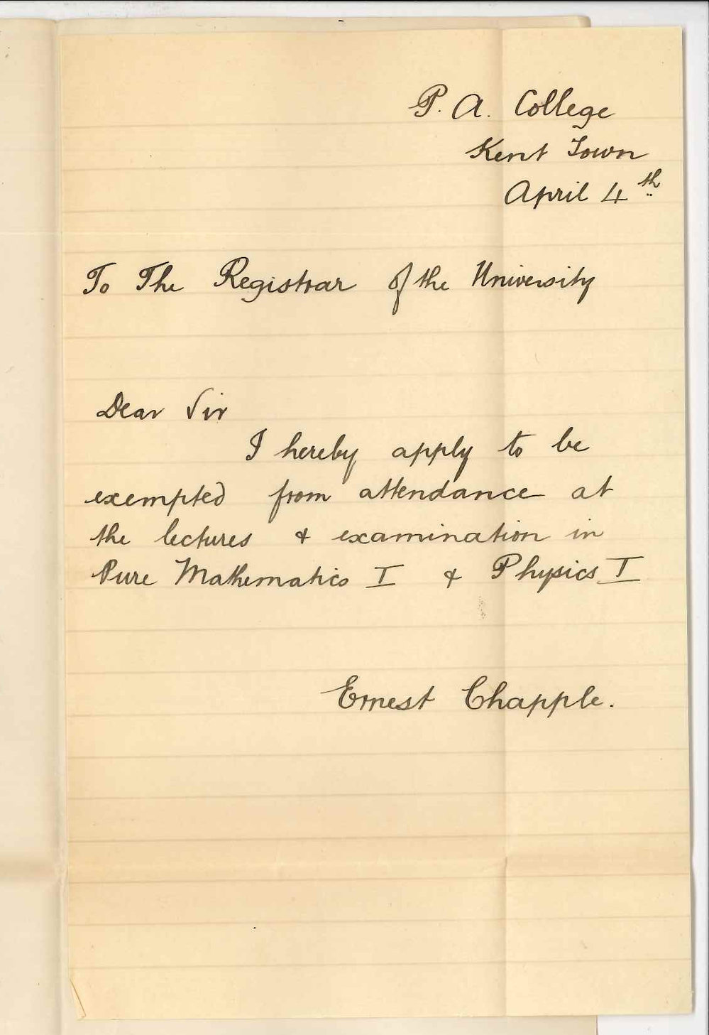 Ernest Chapple - Prince Alfred College - Exemption from attendance at the lectures and examinations in Pure Mathematics I and Physics I