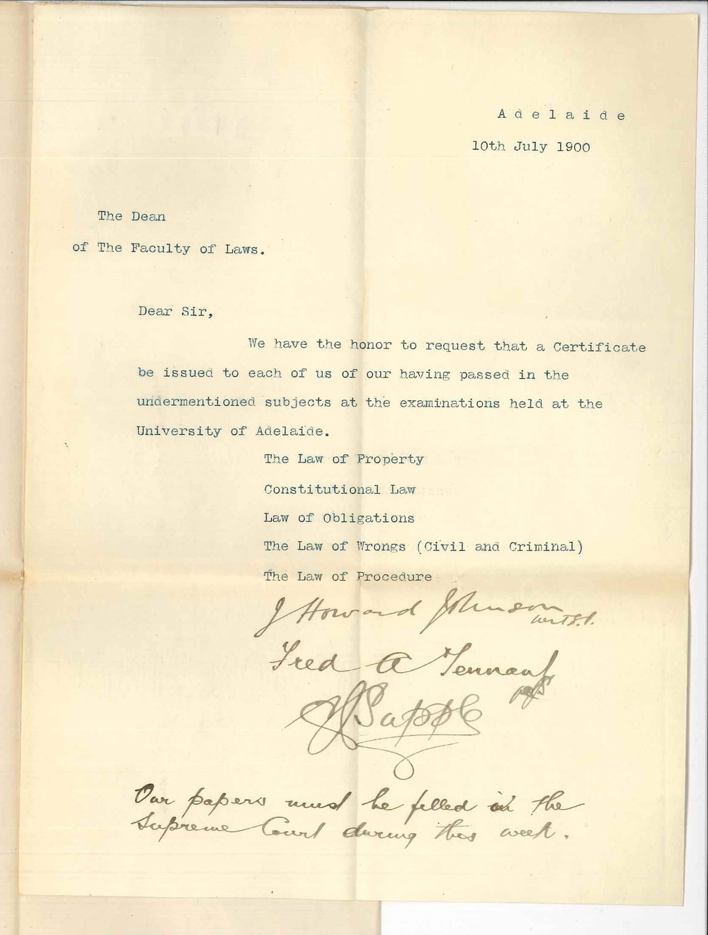 J Howard Johnson and Frederick Augustus Tennant and Charles Joseph Supple - Requesting Final Certificate in Law