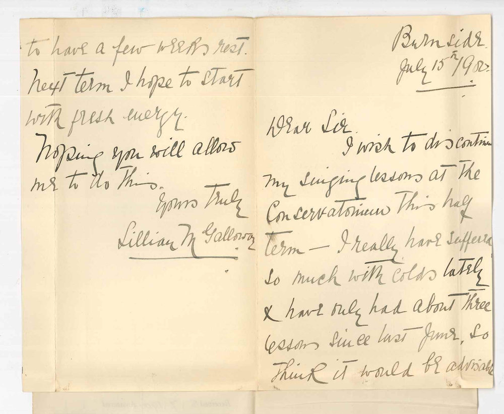 Miss Lillian M Galloway - Burnside - Discontinuing lessons at the Conservatorium