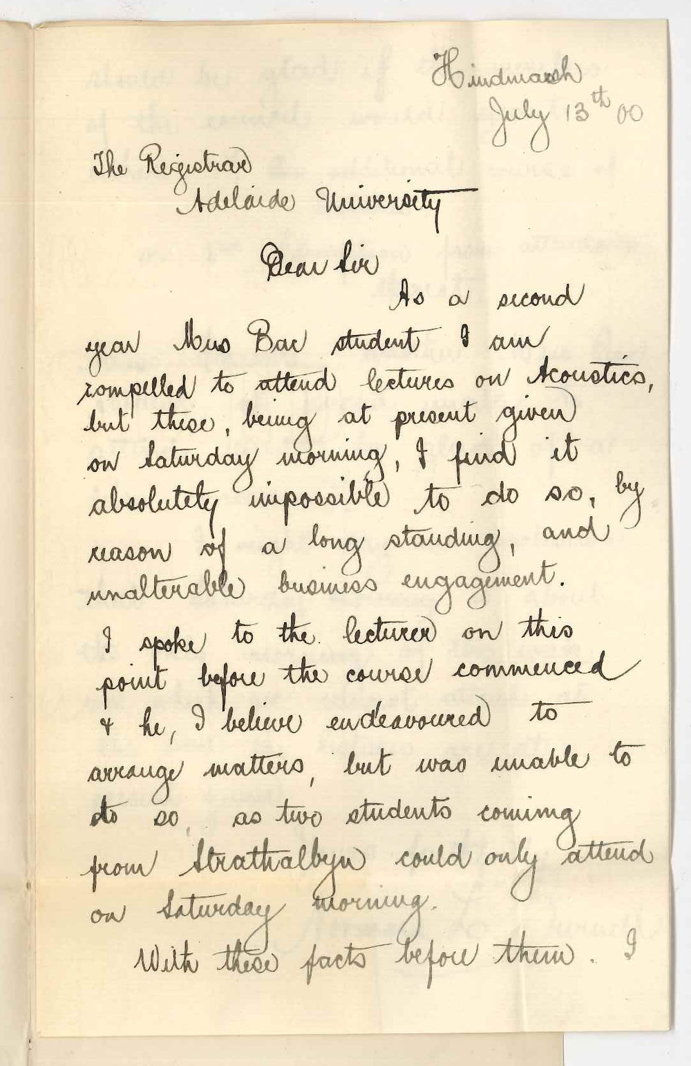 Norman L Burnell - Hindmarsh - Exemption attendance at lectures on Acoustics
