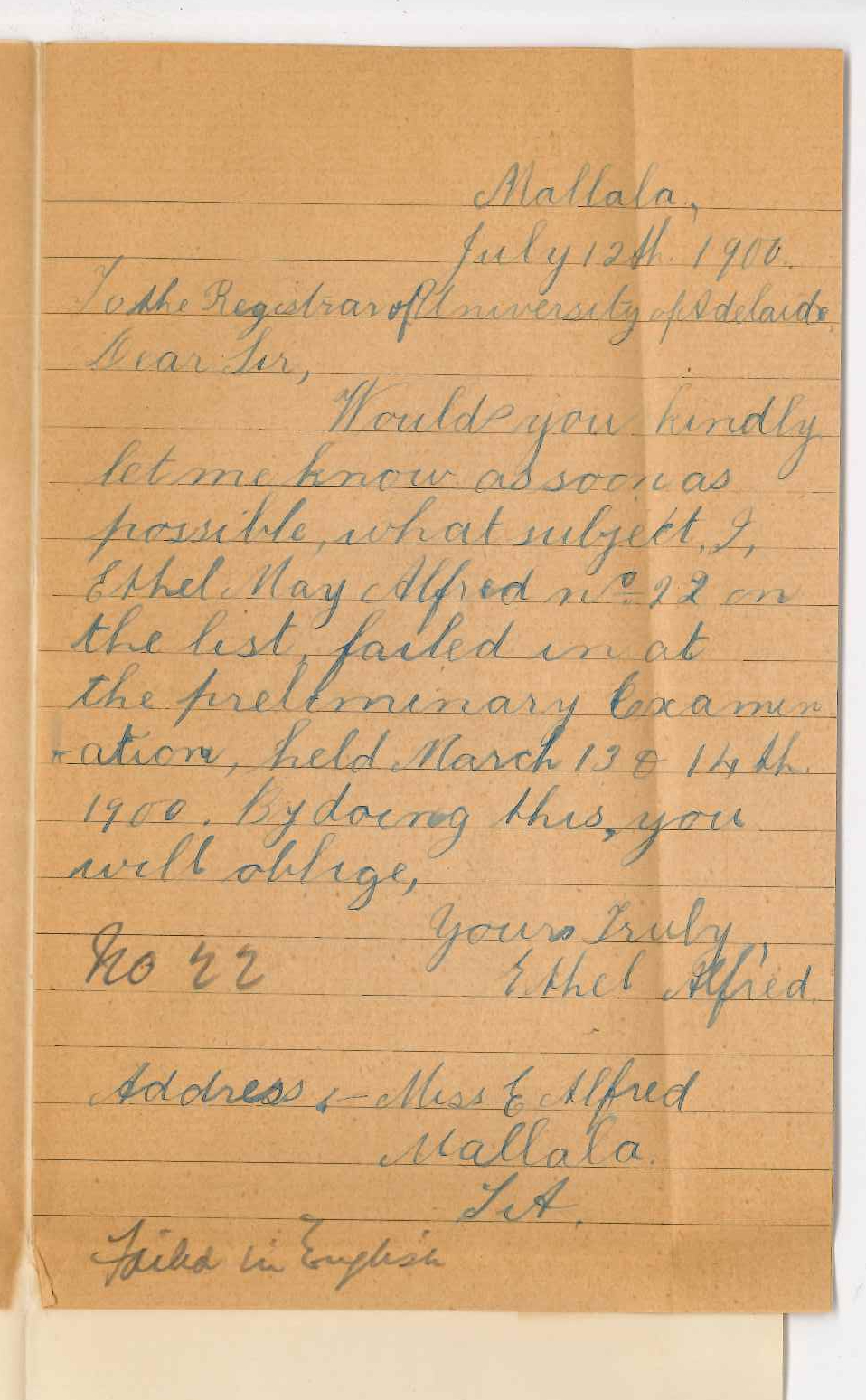 Miss Ethel Alfred - Mallala - Subjects failed in Preliminary Examination