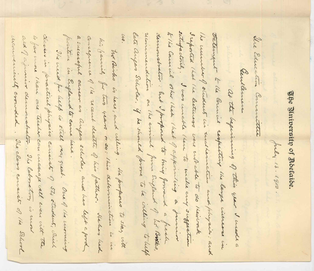 Professor William Henry Bragg - The University - Concerning appointment of an Assistant in Physics and Mathematics